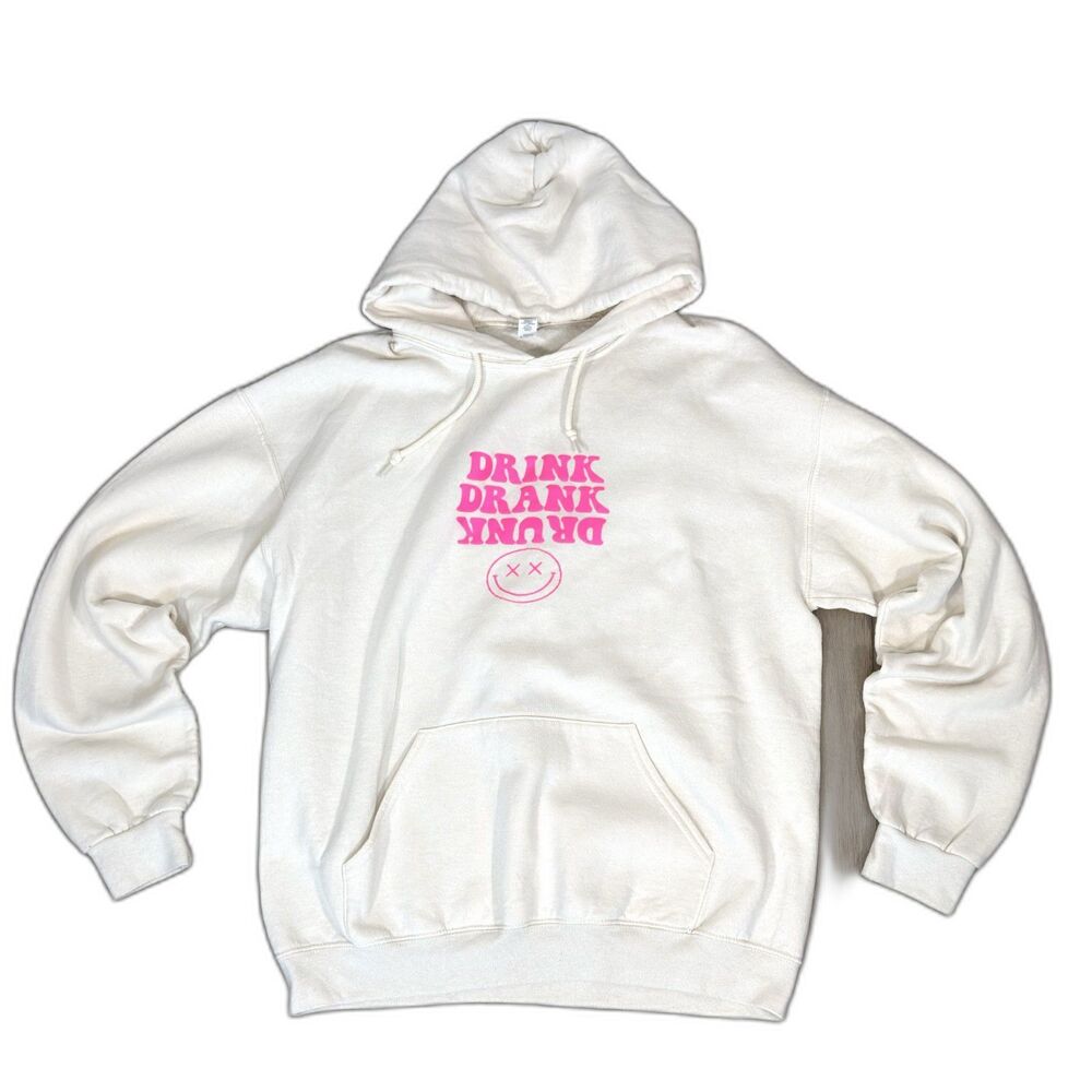 Jerzees NuBlend Graphic Hoodie L Cream Ivory "Drink Drank Drunk" Back Print Stre